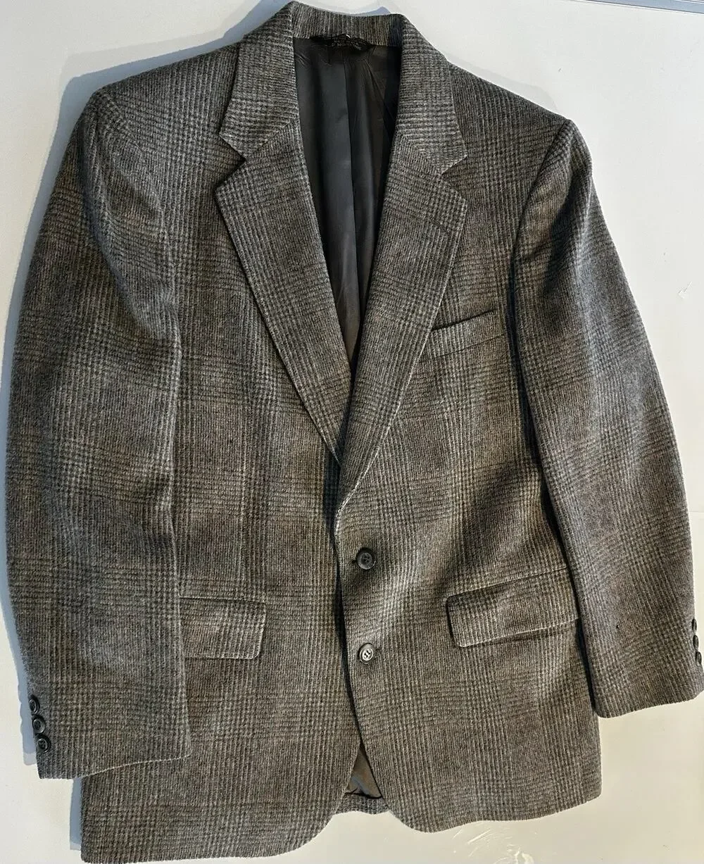 Strathmore Blazer Mens Gray Windowpane Plaid Wool Jacket Sport Coat Preppy Vtg
